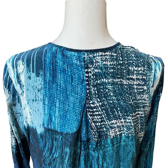 Ecru Silk Blouse Navy Cream Turquoise V-Neck Hidden Button Work Top M - Picture 9 of 13